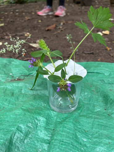 Small glass holds various wildflowers and green leaves on a green tarp outdoors.