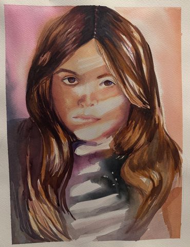 Watercolor portrait of a young woman with long brown hair and soft pink background.