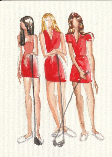 Watercolor painting of three women in red dresses holding golf clubs.