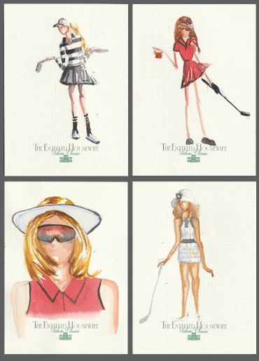 Watercolor fashion illustrations of women golfers in stylish outfits and accessories.