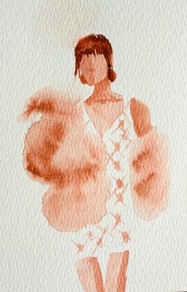 Abstract watercolor painting of a faceless woman in a patterned dress with large puffy sleeves.