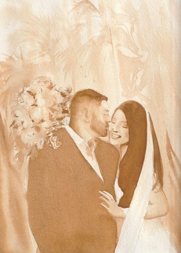 Watercolor painting of a joyful bride and groom embracing on their wedding day.
