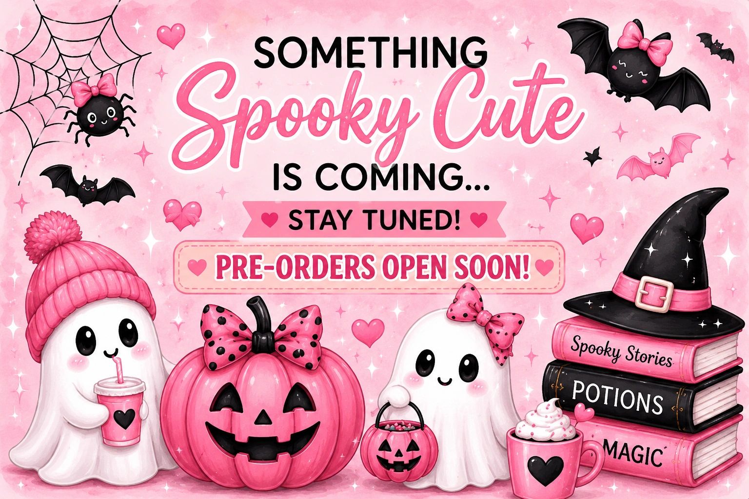 Cute pink spooky Halloween announcement with ghosts and bats.