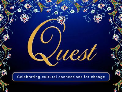 Ornate banner for cultural celebration titled 'Quest'.