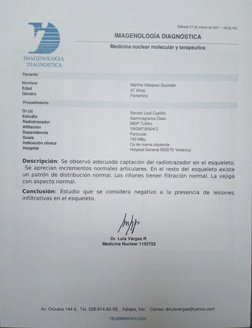 Informe médico de imagenología diagnóstica de paciente femenina de 47 años.