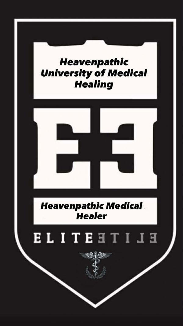 Black and white emblem for Heavenpathic University of Medical Healing.