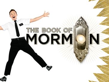 Promotional image for The Book of Mormon musical with a joyful man and a doorbell.