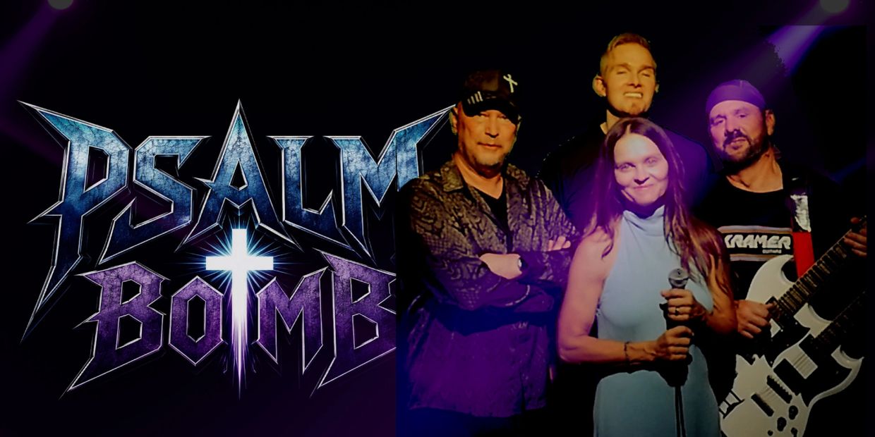 Band named Psalm Bomb posing with instruments and microphone.