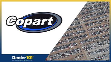 Aerial view of a large car lot alongside Copart and Dealer101 logos.