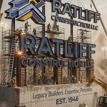 Construction workers assembling a large sign for Ratliff Construction LLC.