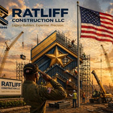 Veteran salutes construction site with large star emblem and American flag at sunset.