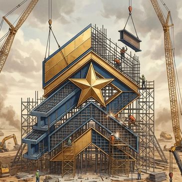 Construction workers building a large golden star structure with cranes.