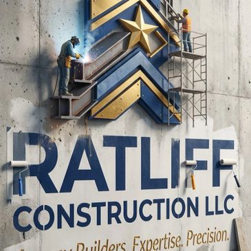 Workers weld and paint a large construction company logo on a concrete wall.