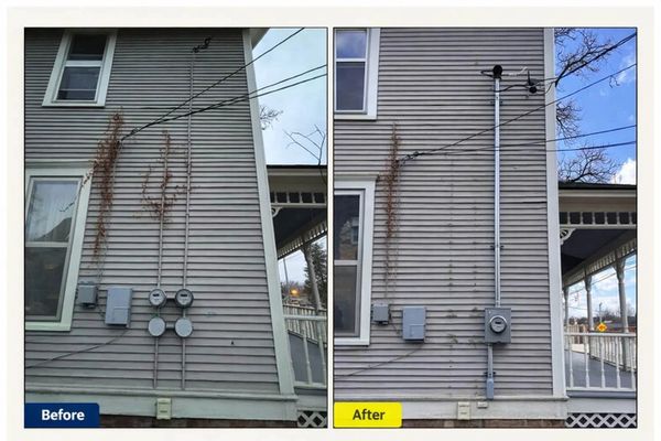 Before & after exterior electrical service upgrade Jefferson County WI with new meter installation