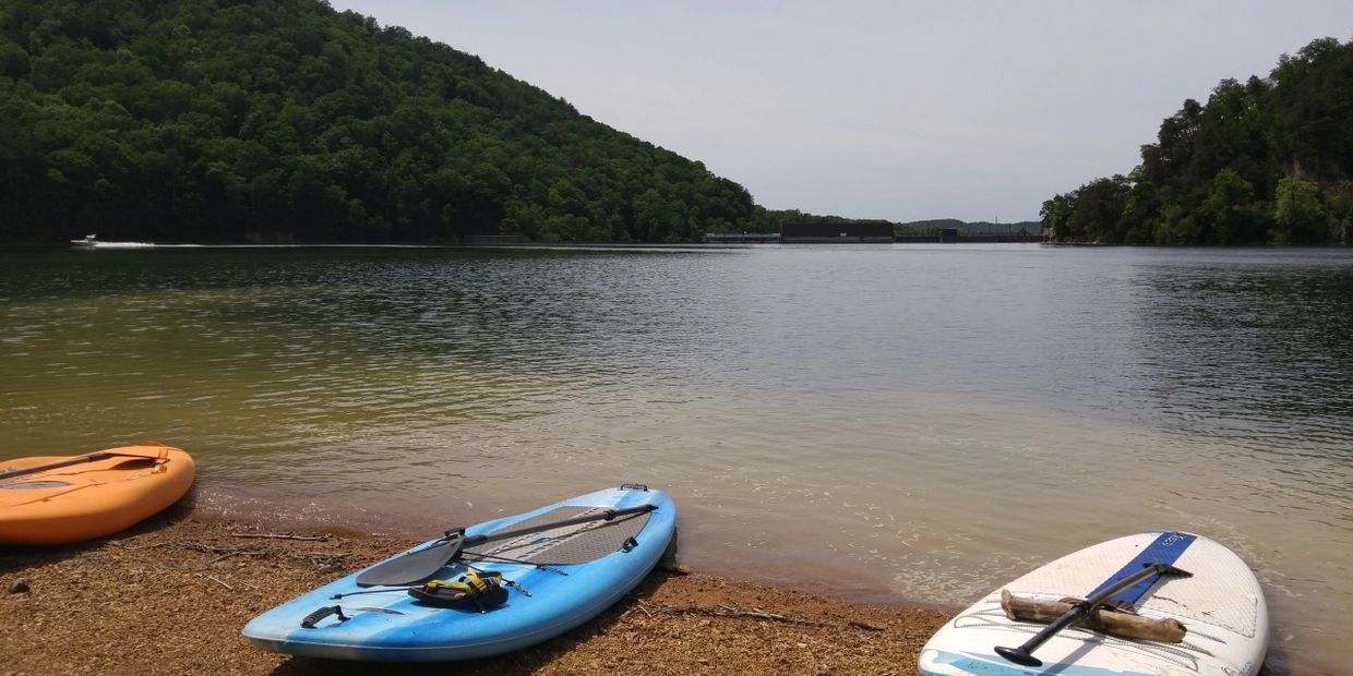 Paddle boarding Cherokee National Forest, Ocoee, Tennessee near Chattanooga on Lake with Mountains