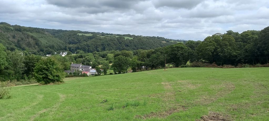 A view across CoedCadw from the top field. The farmhouse is the clearest building, with Y Felin view