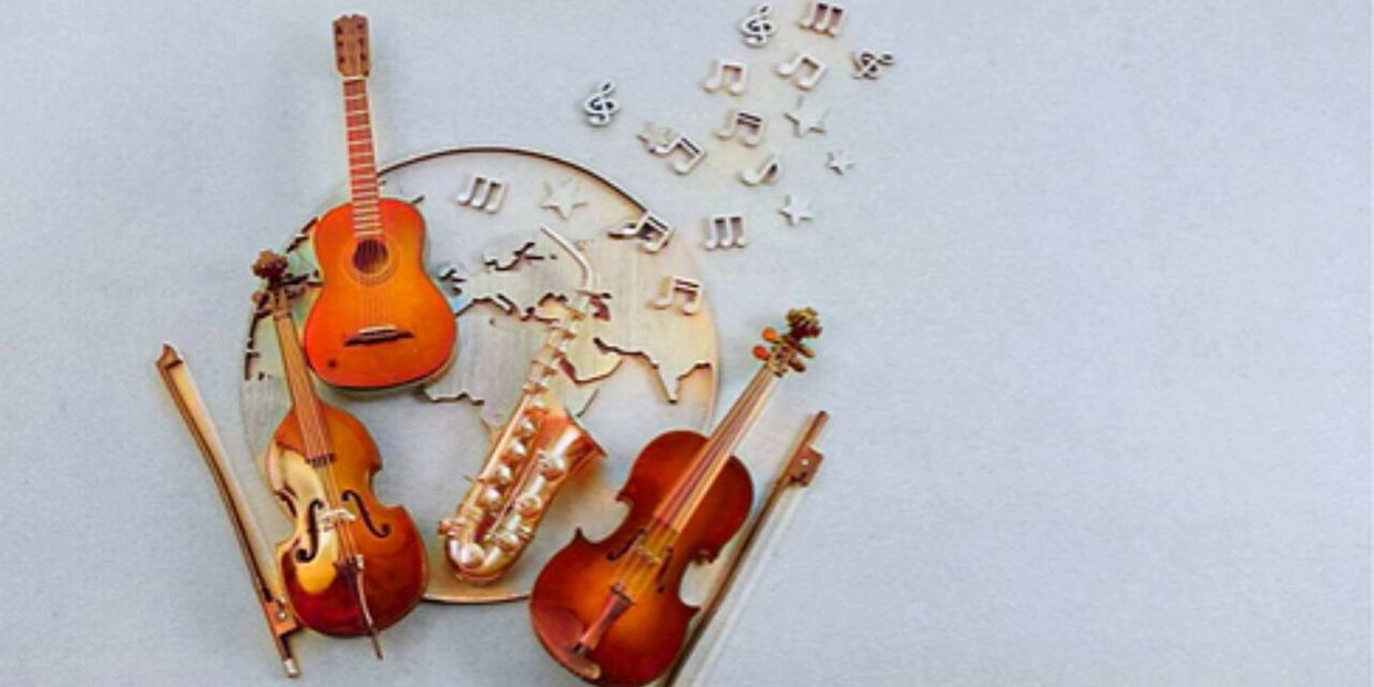 Various musical instruments and a globe with musical notes floating.
