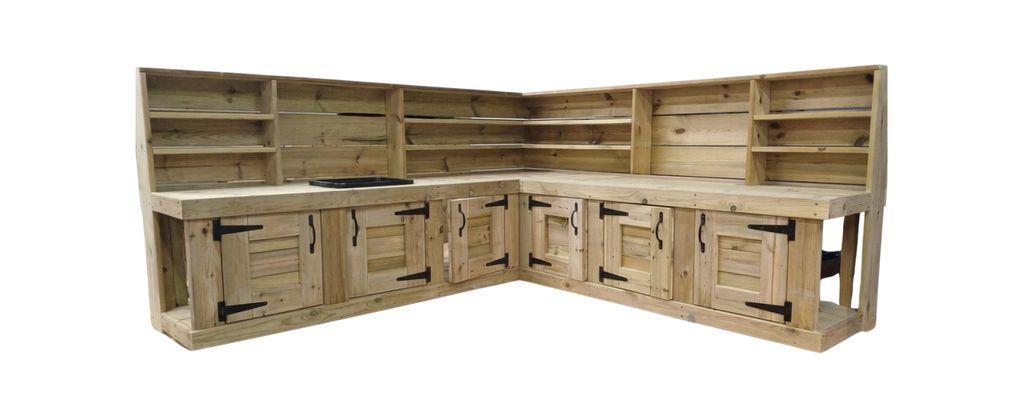 L-shaped wooden workbench with shelves and cabinets.