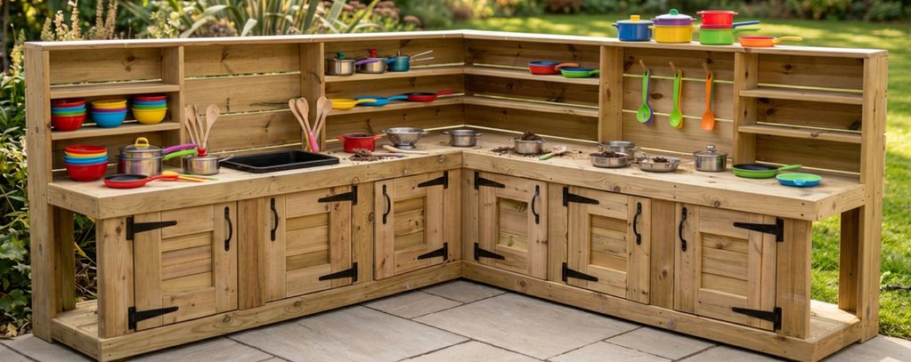 Wooden outdoor play kitchen with colorful toy pots and utensils.