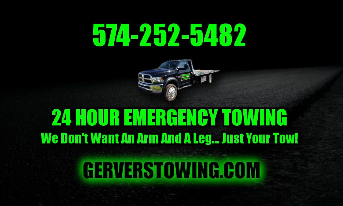 The business card for Gerver's Towing in Mishawaka.