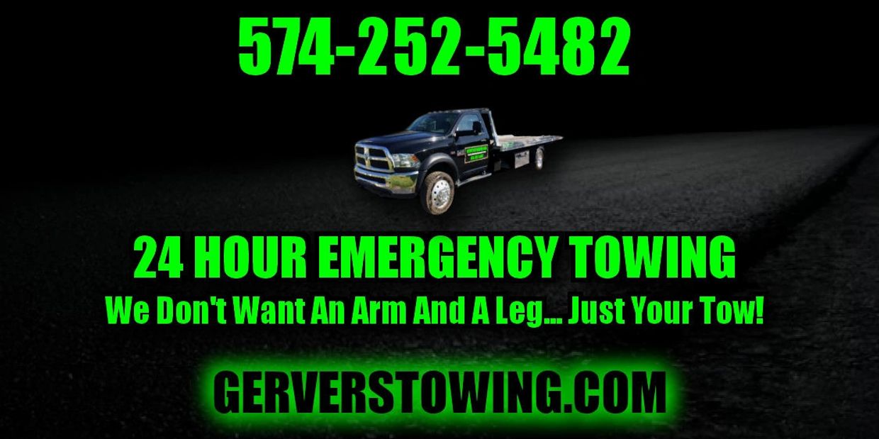 The business card graphic for Gerver's Towing in Mishawaka, Indiana.