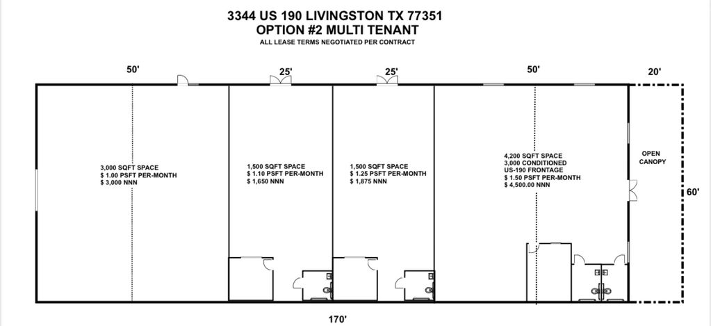 Floor plan of multi-tenant commercial spaces with varying sizes and lease terms in Livingston, TX.