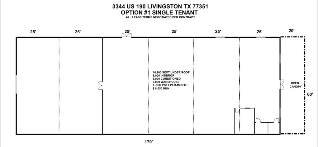 Floor plan of a commercial space with dimensions and lease terms in Livingston, TX.