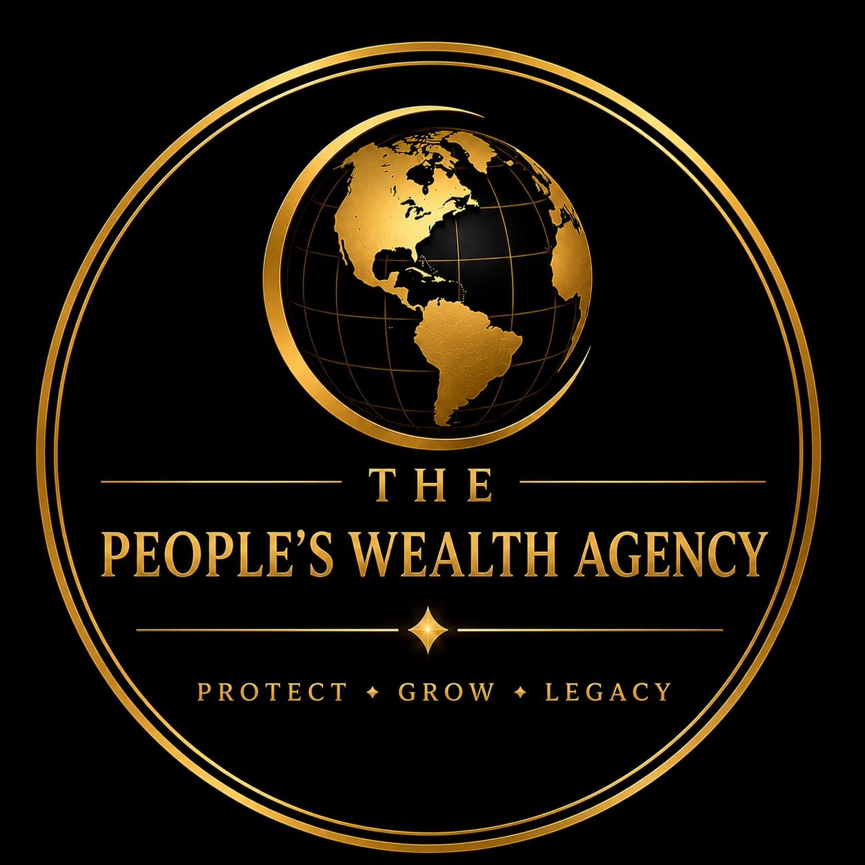 Gold-themed logo of The People's Wealth Agency with a globe.