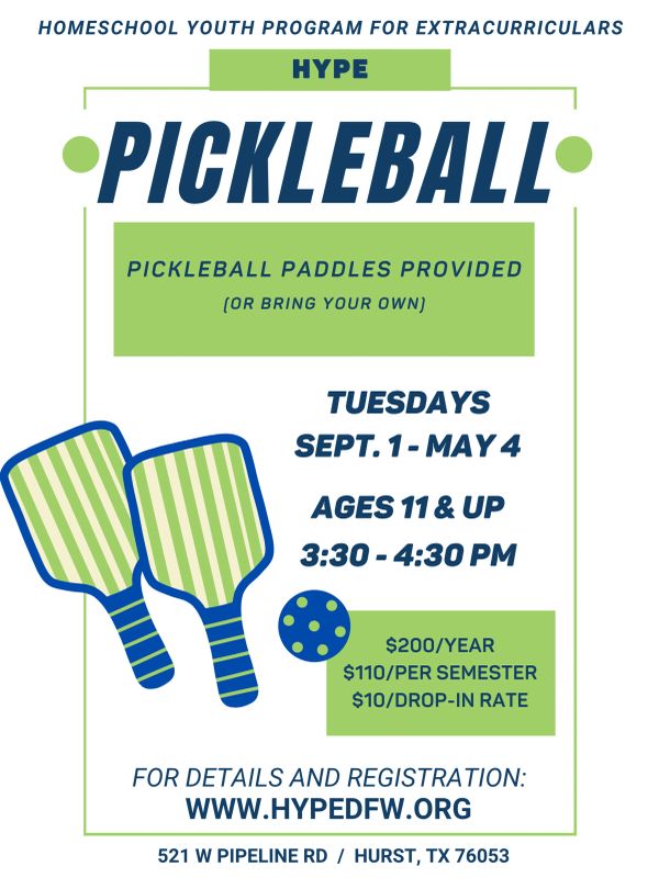 Homeschool pickleball program for youth ages 11 and up.