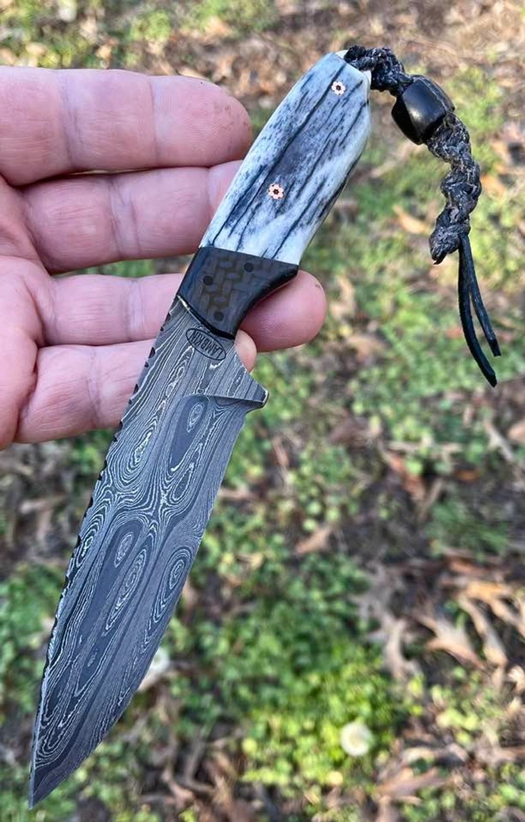 Hunter/EDC - Giraffe Bone with carbon fiber! Alabama Damascus blade! 3 5/8"CE and 7 1/2"OA