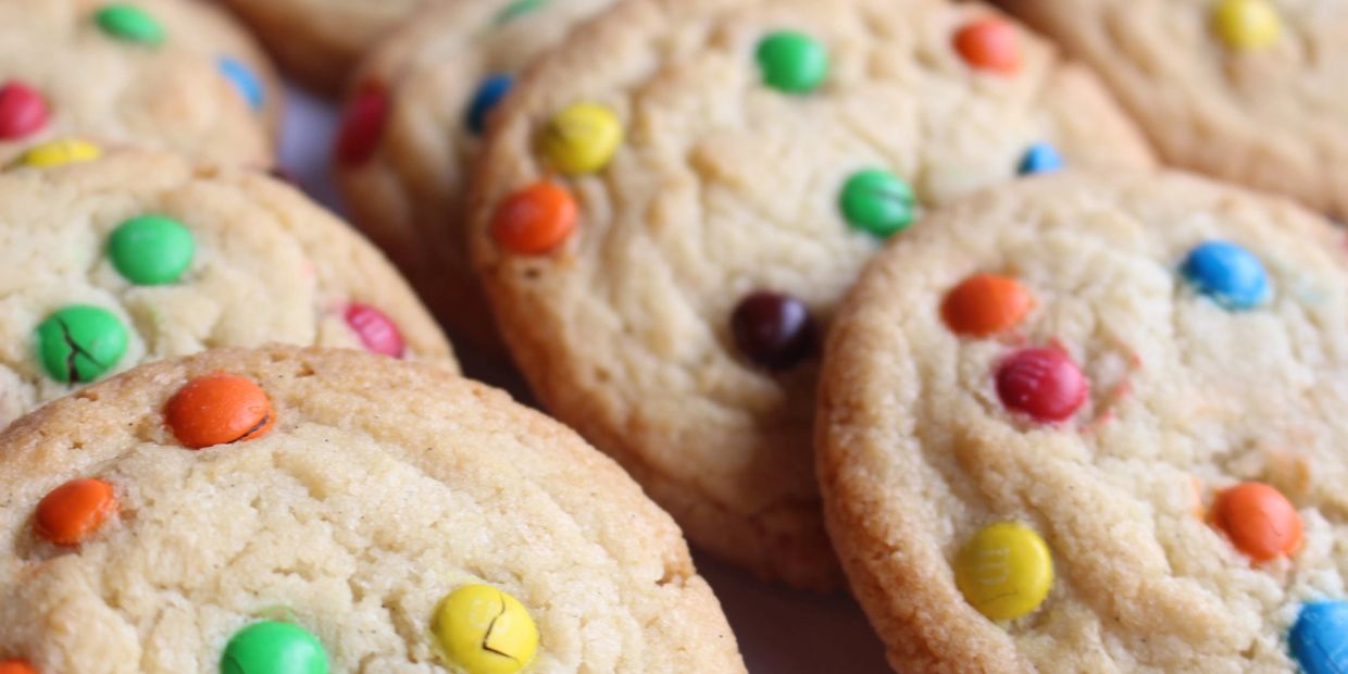 Close-up of cookies with colorful candy toppings.