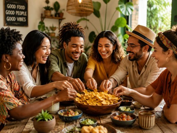 Friends happily sharing snacks around a table.