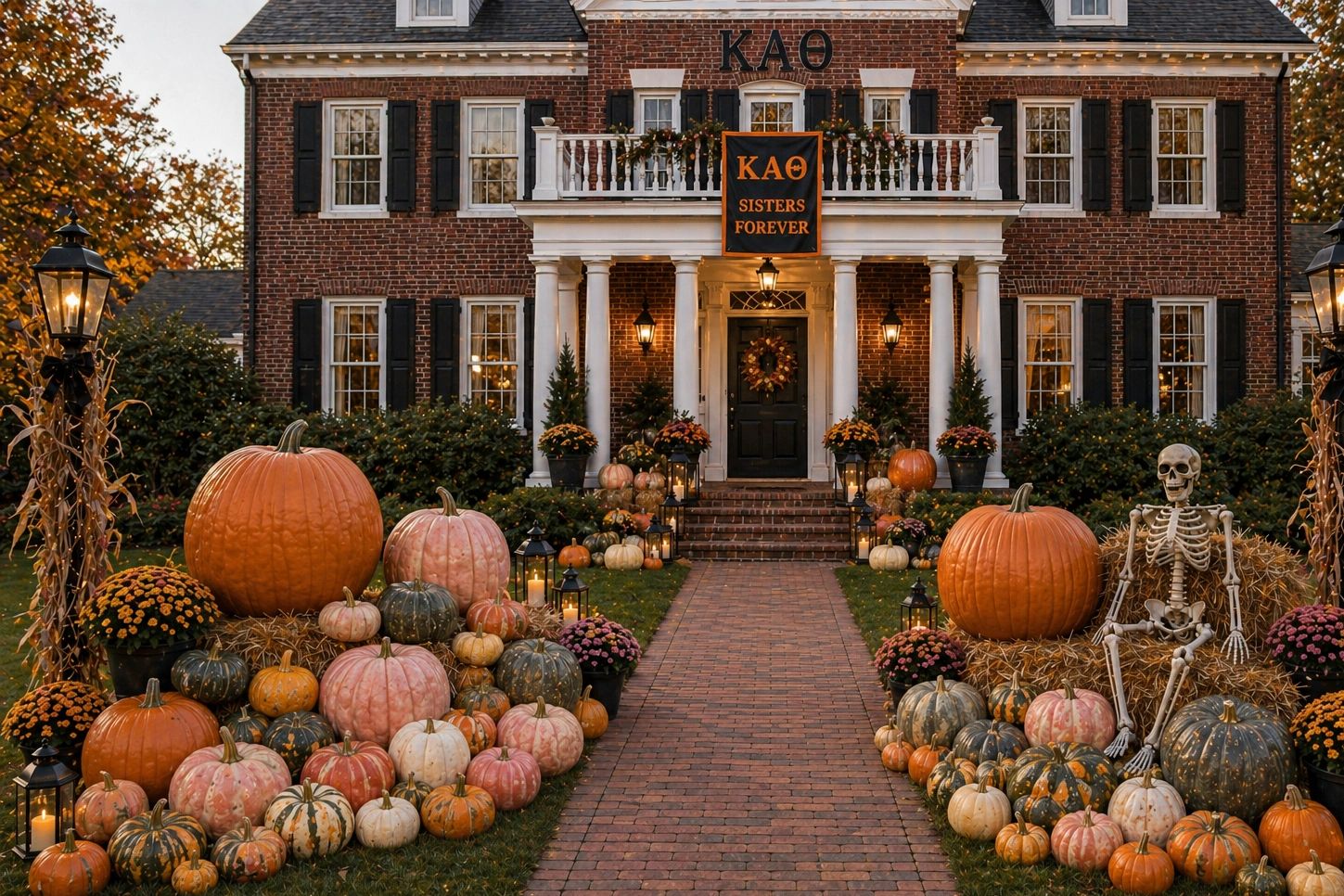 A fun, festive Sorority House display with colorful pumpkins, beautiful mums and a spooky skeleton help bring the Pumpkin Spiced Vibes to Fall in Oklahoma