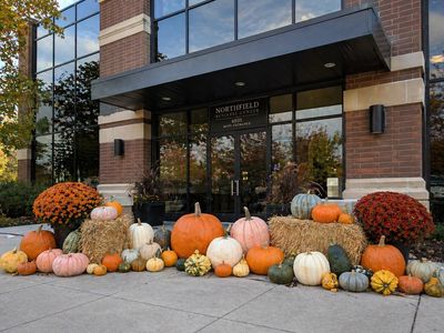 Autumn pumpkin and gourd display outside building entrance with fall flowers.