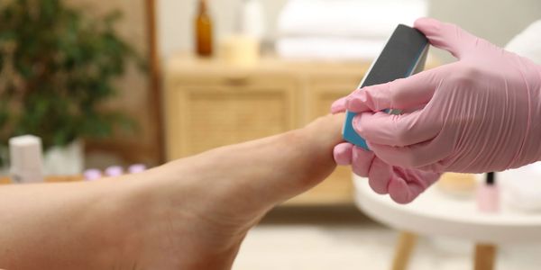 Professional foot care with nail filing in a spa setting.
