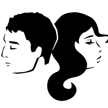 Black and white silhouette of a man and woman facing away from each other.