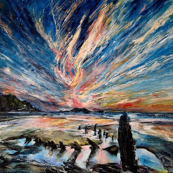 Commission of Rhossili Bay, Gower, Swansea, featuring the Helvetia shipwreck beneath a dramatic sky.