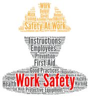 picture a worker with hard hat on made from lots of health & safety words.