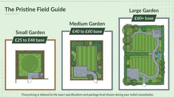 Pricing guide for small, medium, and large garden designs with base costs.