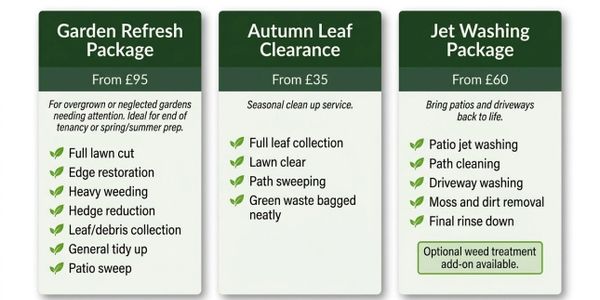 Three garden service packages offer various cleaning and maintenance options.
