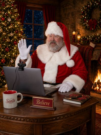 Santa Claus video chatting by a cozy fireplace and Christmas tree.