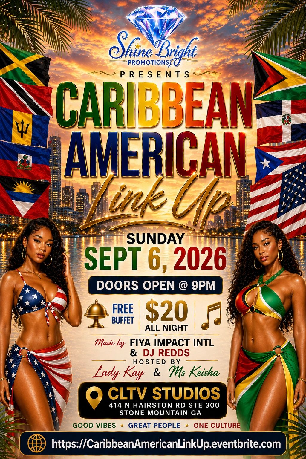 Flyer for Caribbean American Link Up event on Sept 6, 2026, at CLTV Studios, Stone Mountain, GA.
