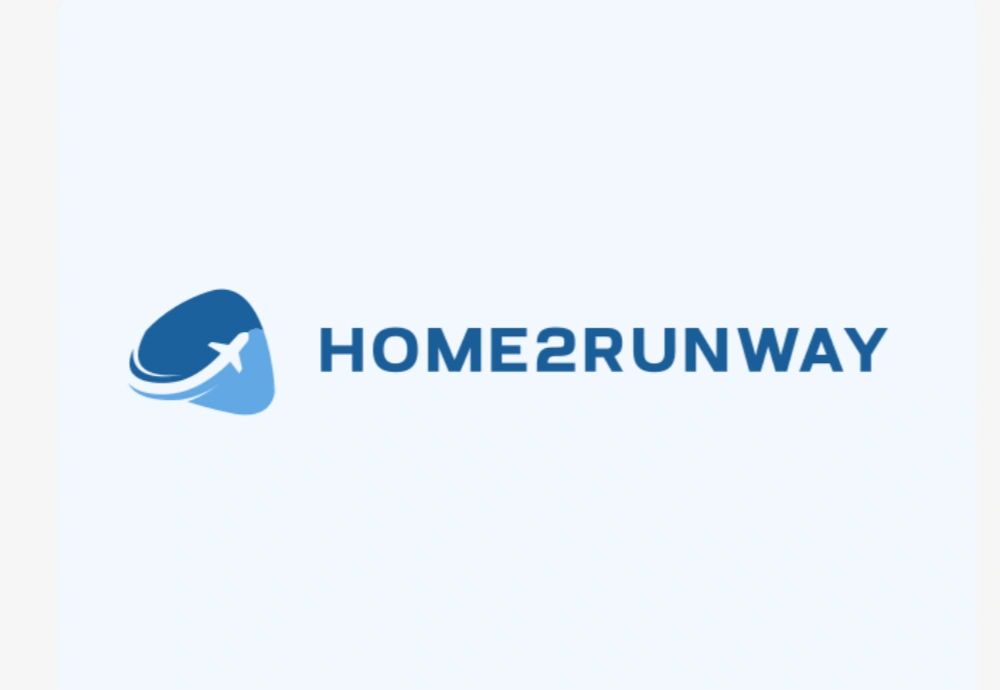 Logo featuring an airplane icon and the text HOME2RUNWAY in blue.