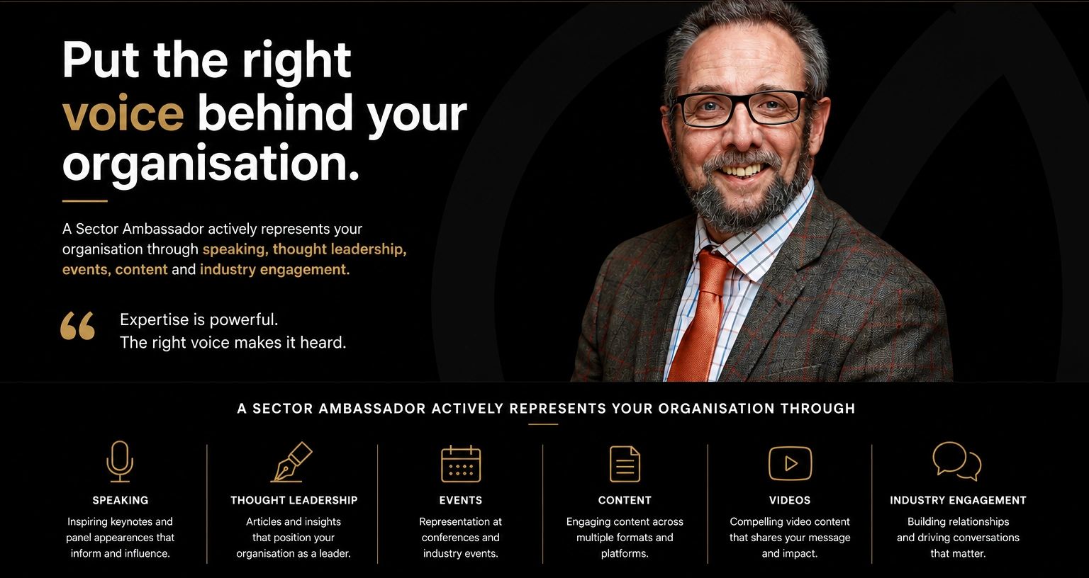 Sector Ambassador represents your organization through speaking, leadership, events, content, videos, and engagement.