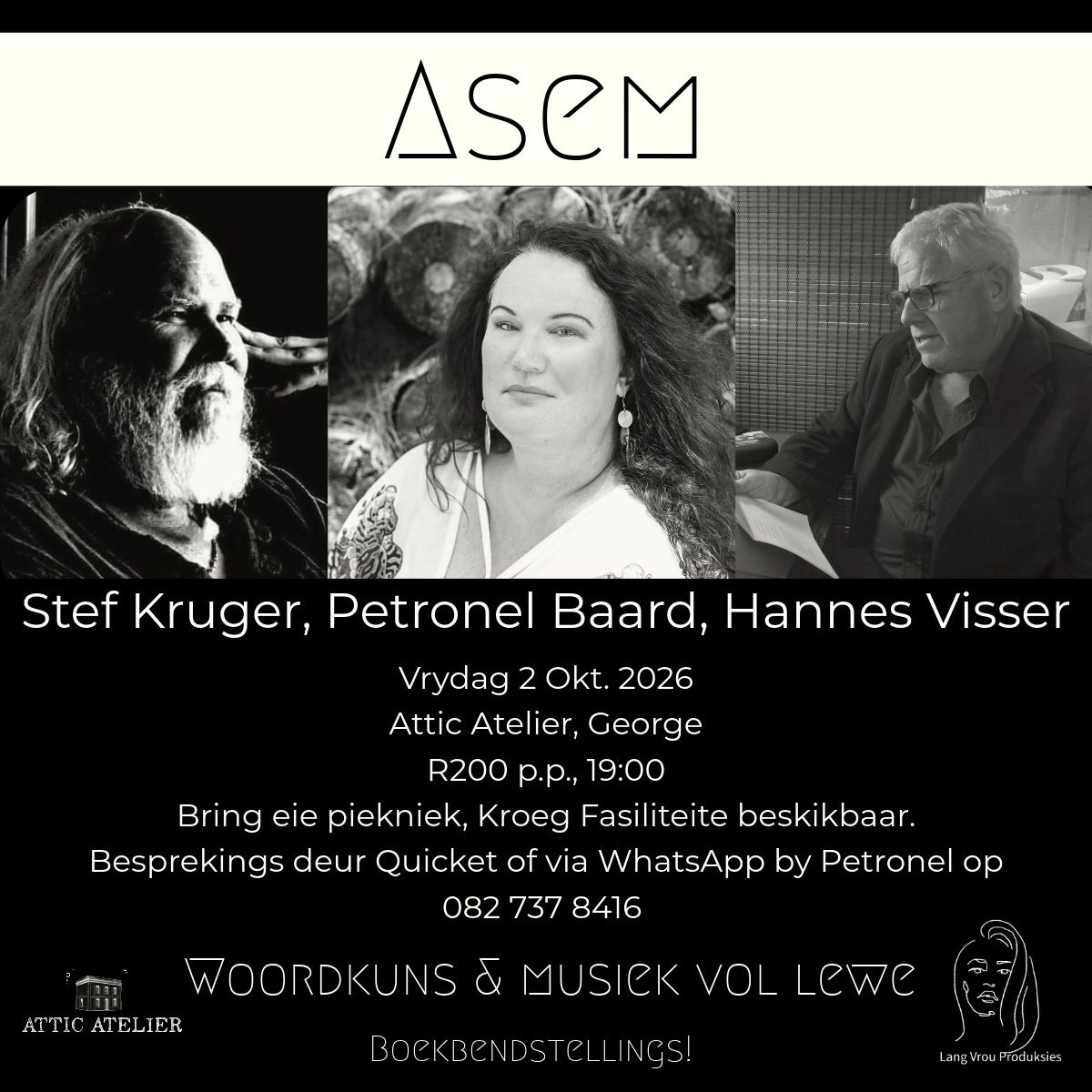 Event poster for Asem featuring Stef Kruger, Petronel Baard, and Hannes Visser on Oct 2, 2026.