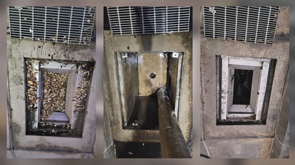 Cleaning progression of a dirty storm drain box.
