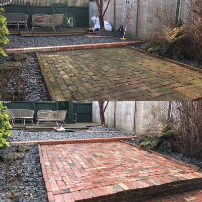 Old brick patio before and after photo once soft washing done