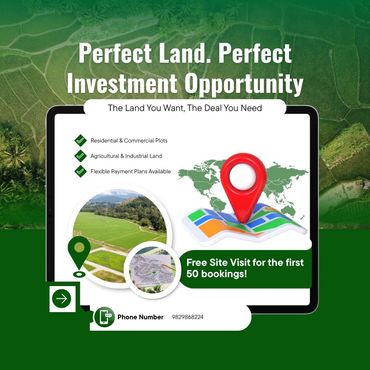 Advertisement for land investment with flexible plans and free site visits for first 50 bookings.