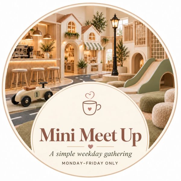 Cozy indoor play area with mini meet up announcement.