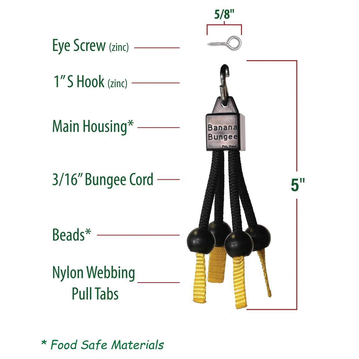 Banana Bungee diagram with housing, bungee cords, beads, pull tabs, and eye screw and clamp hardware